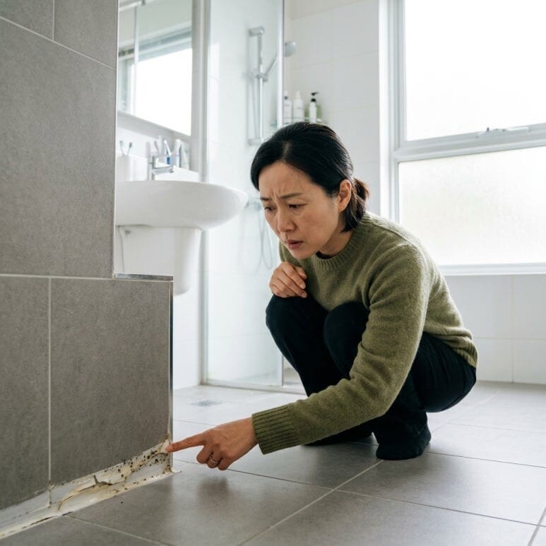 중년 여성이 욕실 바닥에 실리콘 곰팡이를 보고 시공 필요성을 검토하고 있다